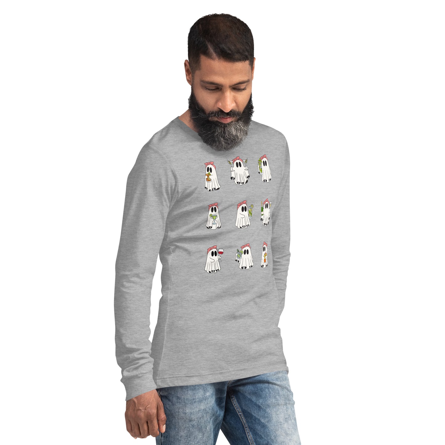 Little Haunts Long Sleeve Shirt - Left Placement image 4 in Black Heather, size L, showing front view, right-side angle for the Ghosties 1 design.