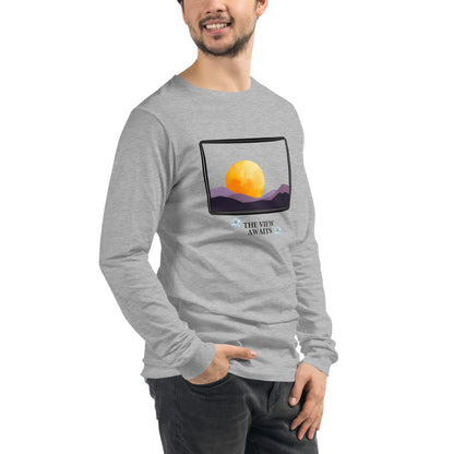 Image 90 of selected colour Avenor Long Sleeve Shirt, with The View Awaits artwork visible in front view, right-side angle.