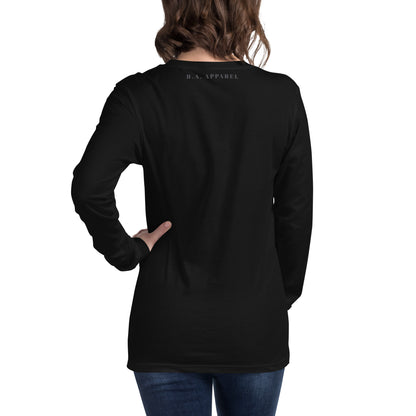 Image 6 of Black Heather Solmane Long Sleeve Shirt - Left Placement, size 2XL, with Leo artwork visible in back view.