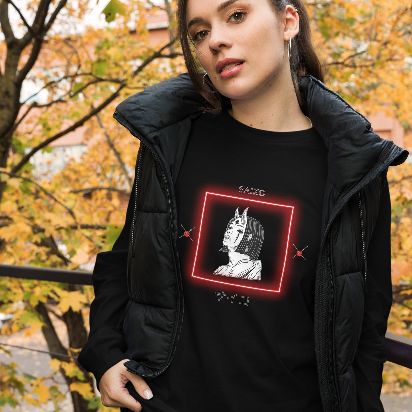 Saiko Long Sleeve Shirt - Left Placement image 5 in Black Heather, size XL, showing front view for the Saiko design.