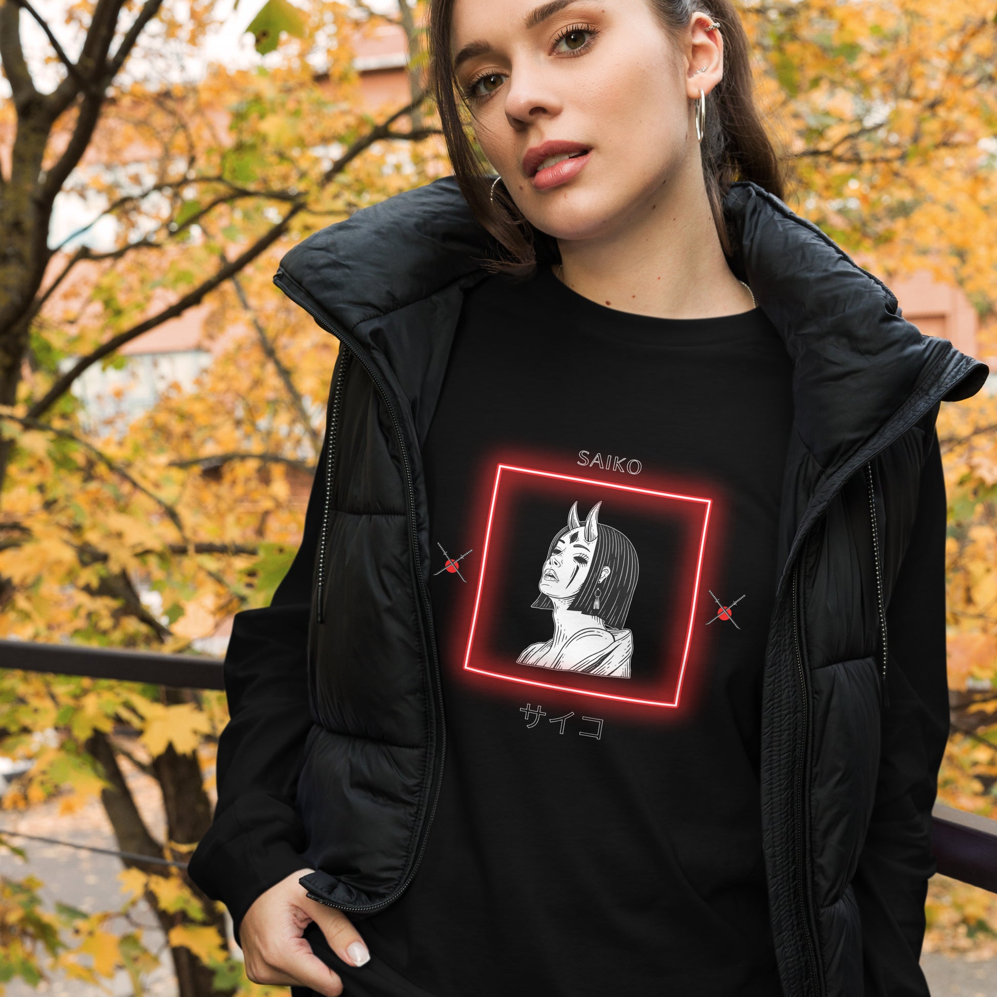 Saiko Long Sleeve Shirt - Left Placement image 5 in Black Heather, size XL, showing front view for the Saiko design.