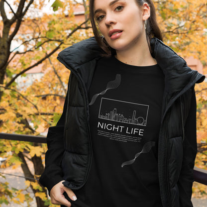 Afterhours Long Sleeve Shirt - Left Placement image 2: Black Heather version, size S with front view of the Night Life range.