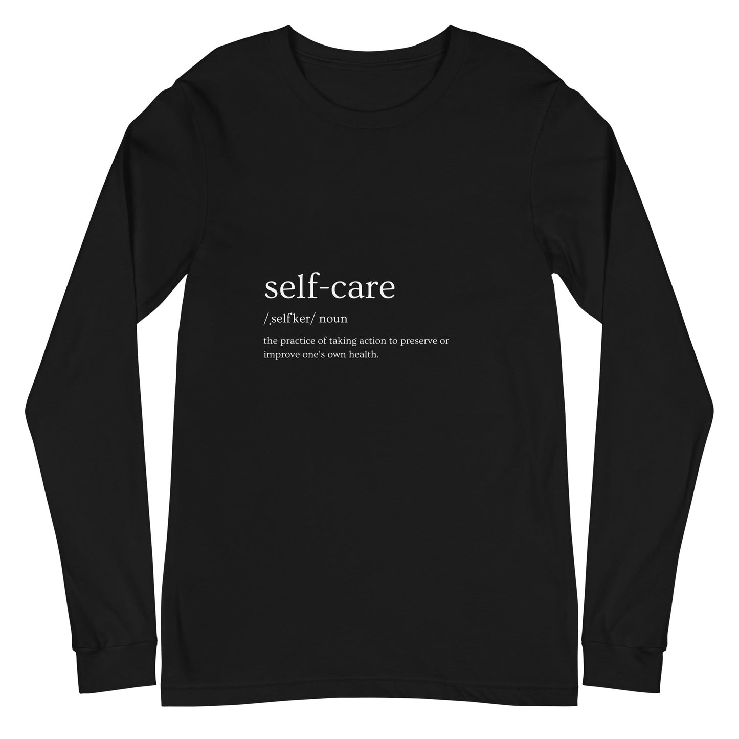 Self Ritual Long Sleeve Shirt - Left Placement image 2: Black Heather version, size S with front view of the Self Care range.