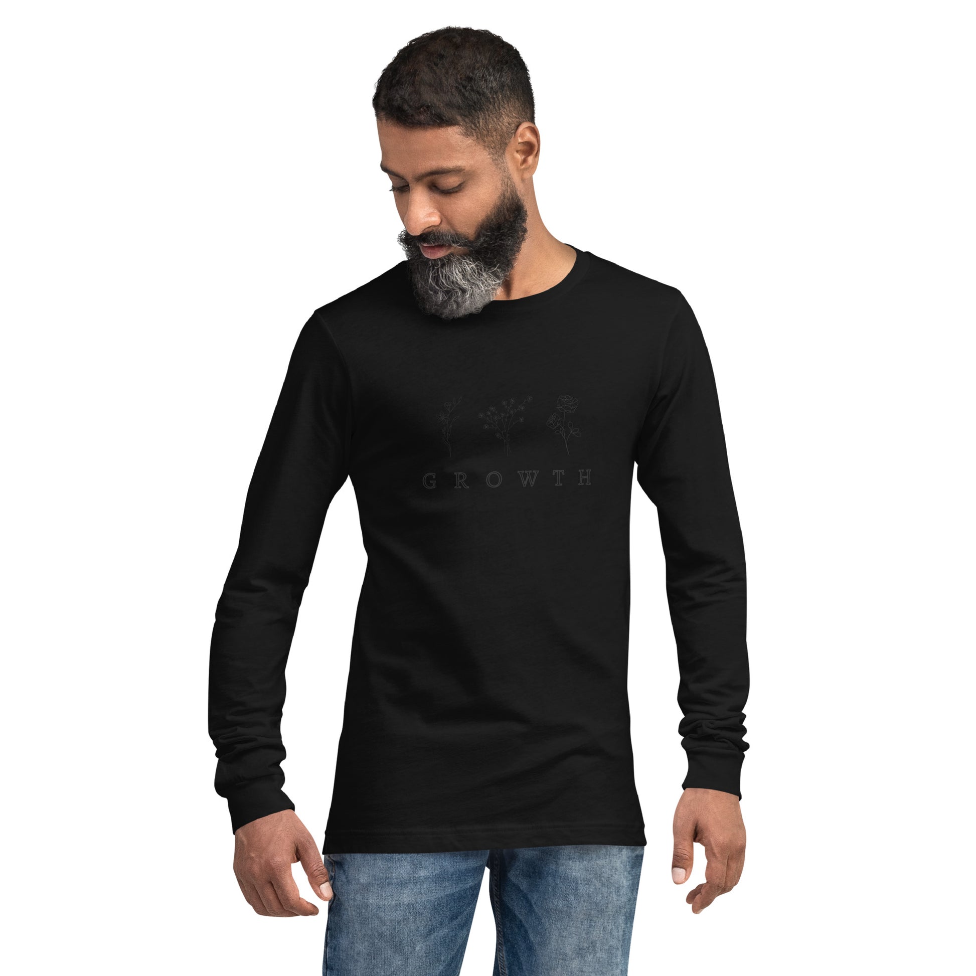 Growthline Long Sleeve Shirt - Left Placement by R.A. Apparel, image 5, front view, Black Heather, size XL, left placement.