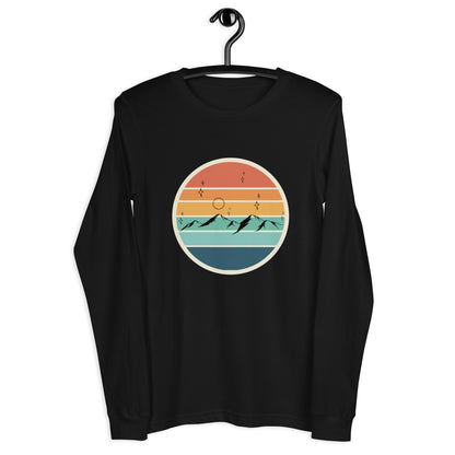 Summitline Long Sleeve Shirt - Left Placement image 3 in Black Heather, size M, showing front view for the Mountain Range design.