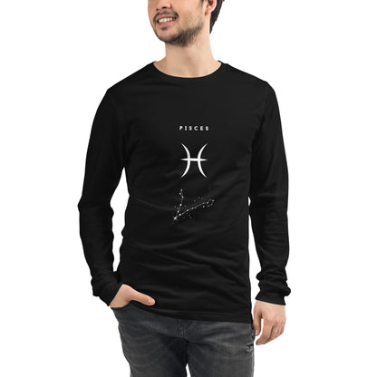 Image 3 of Black Heather Tideborn Long Sleeve Shirt - Left Placement, size M, with Pisces artwork visible in front view.
