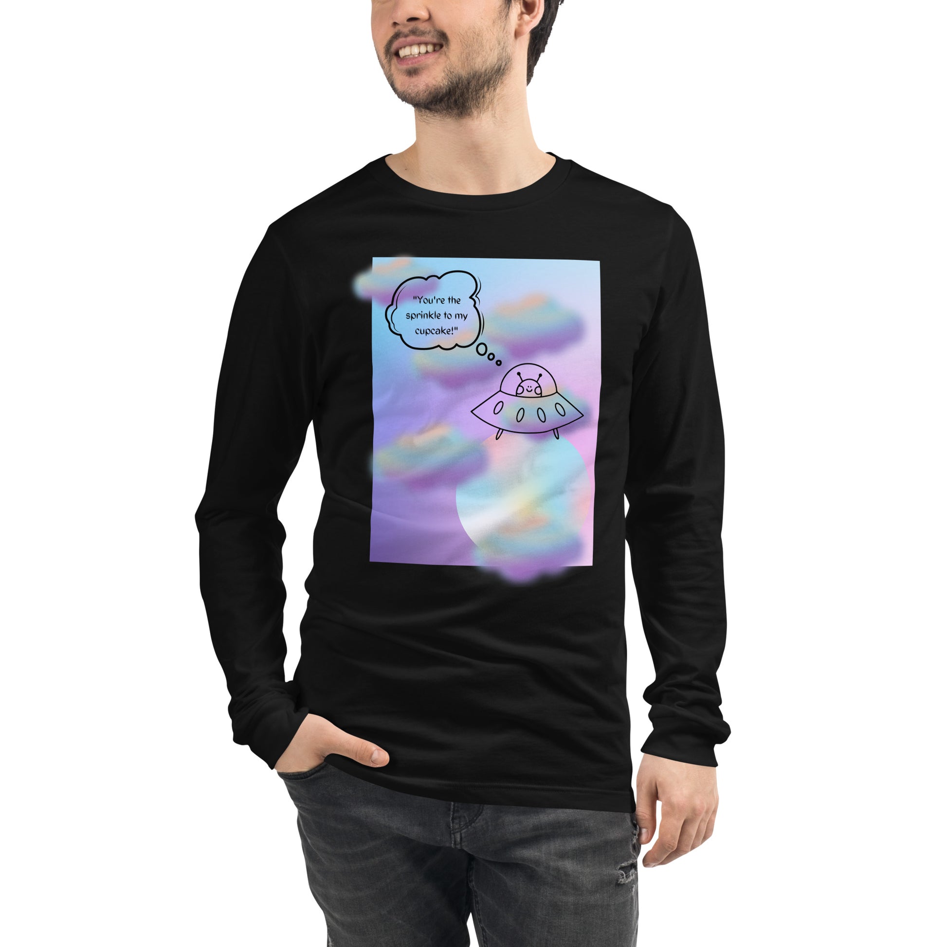 Sprinkle Theory Long Sleeve Shirt - Left Placement image 7 in Black, size S, showing front view for the You're the Sprinkle to My Cupcake design.