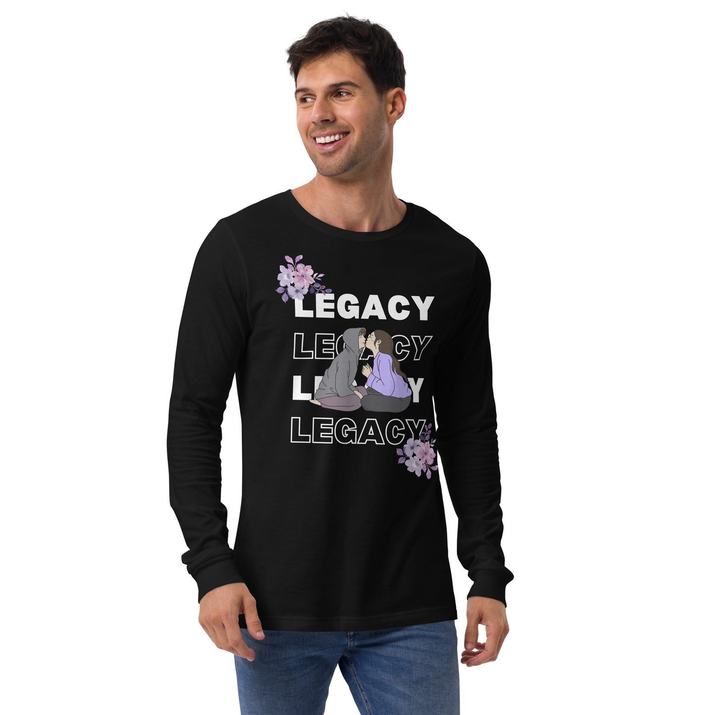 Image 3 of Black Heather Heirloom Long Sleeve Shirt - Left Placement, size M, with Legacy artwork visible in front view.