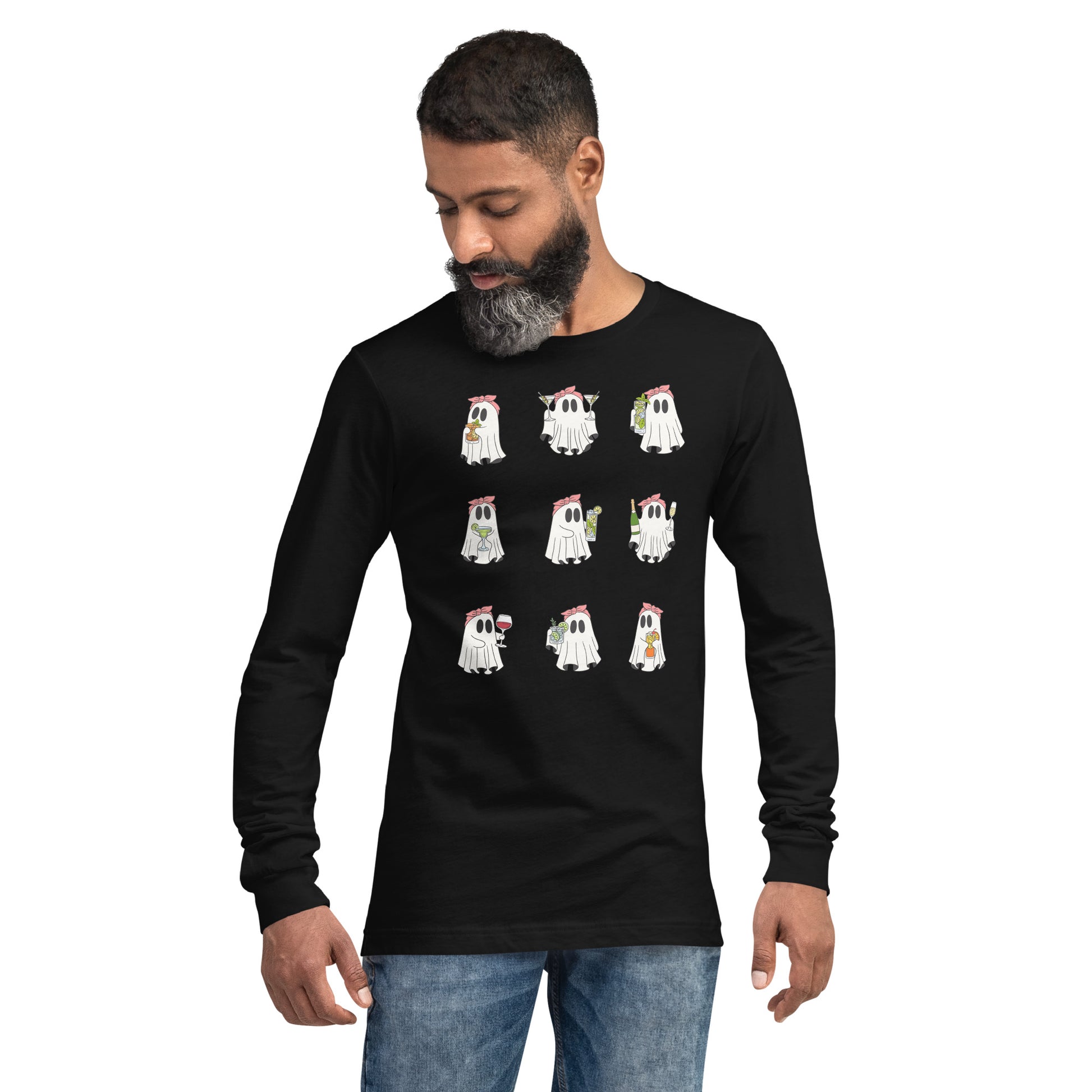 Little Haunts Long Sleeve Shirt - Left Placement image 5 in Black Heather, size XL, showing front view for the Ghosties 1 design.