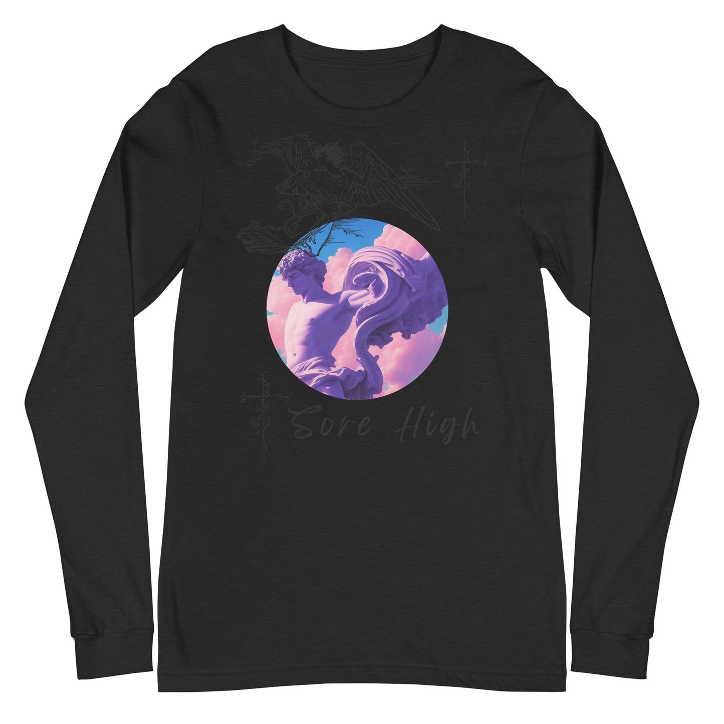 Image 1 of Black Heather Skyborne Long Sleeve Shirt - Left Placement, size XS, with Sore High artwork visible in front view.