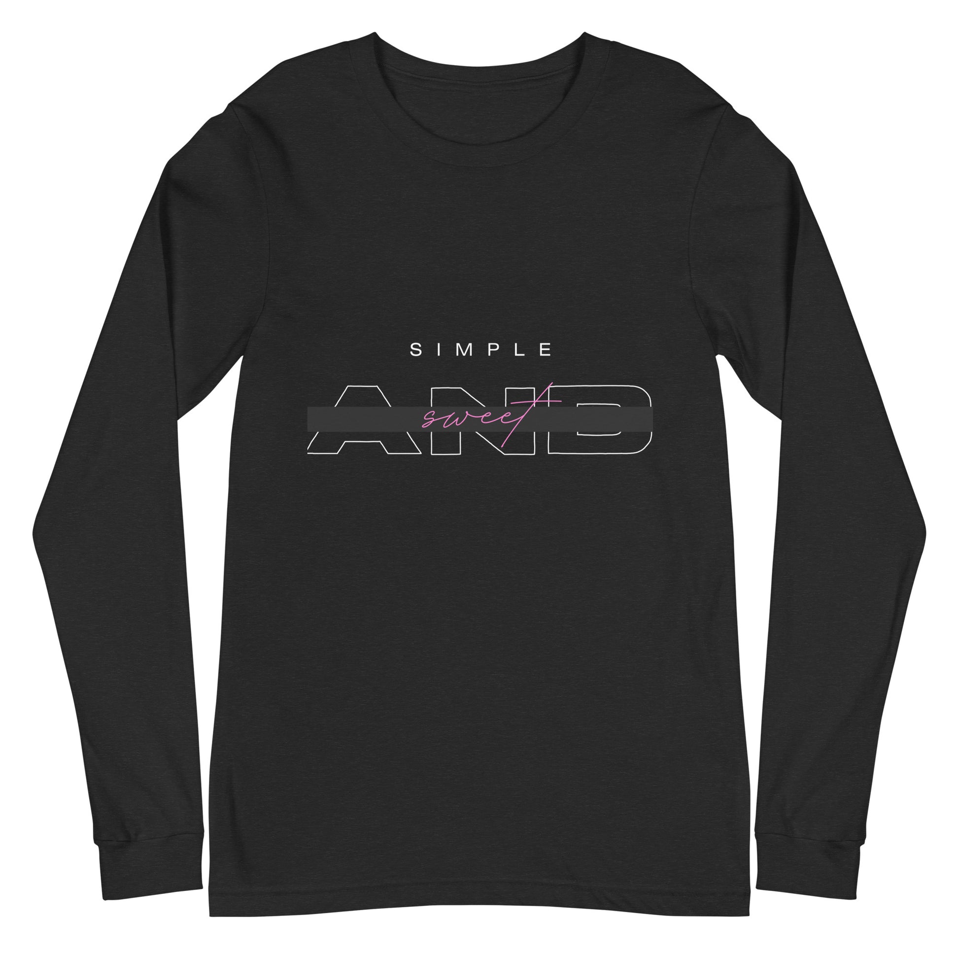 Sweet Minimal Long Sleeve Shirt - Left Placement image 1 in Black Heather, size XS, showing front view for the Simple and Sweet design.