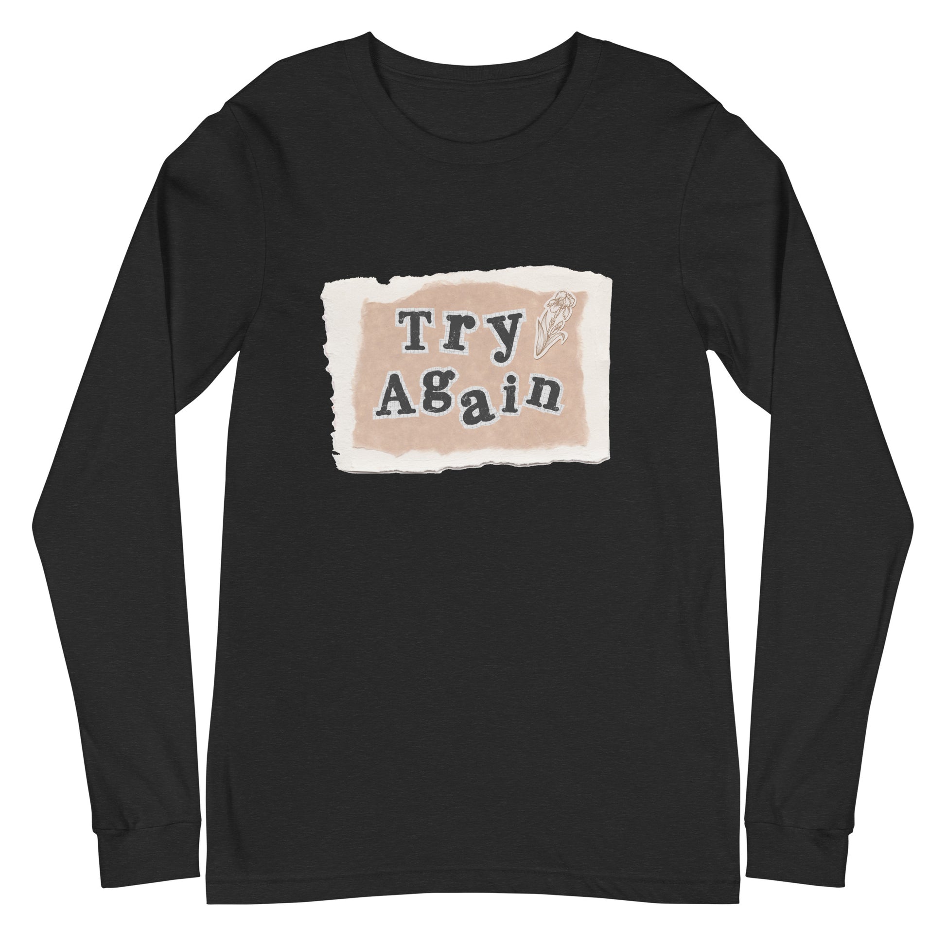 Retry Long Sleeve Shirt - Left Placement image 1: Black Heather version, size XS with front view of the Try Again range.