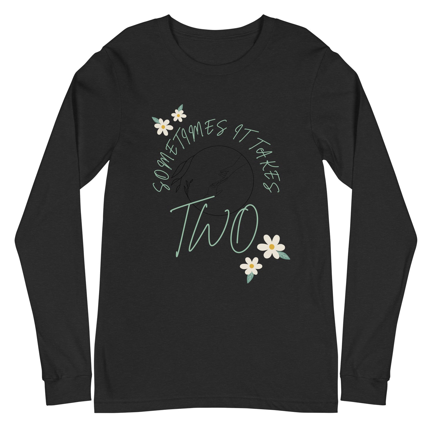 Duet Long Sleeve Shirt - Left Placement product image 1 in Black Heather, size XS, with front view and left placement.