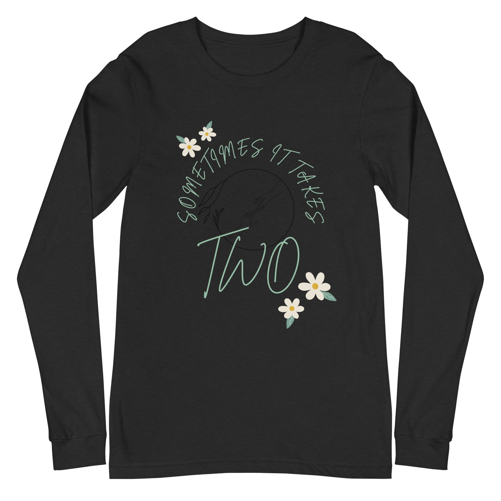 Duet Long Sleeve Shirt - Left Placement product image 1 in Black Heather, size XS, with front view and left placement.