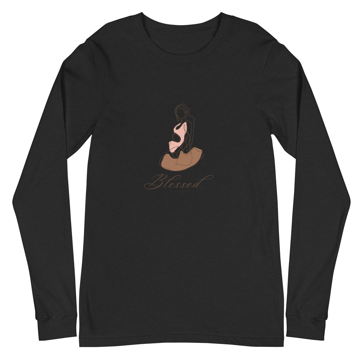 Image 1 of Black Heather Grace Mark Long Sleeve Shirt - Left Placement, size XS, with Blessed artwork visible in front view.
