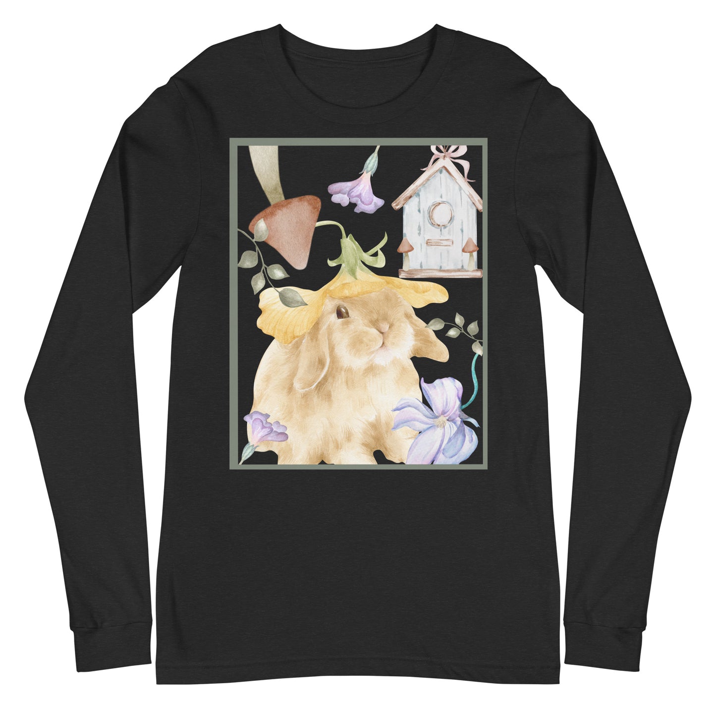 Image 1 of Black Heather Meadow Club Long Sleeve Shirt - Left Placement, size XS, with Bunny Collage artwork visible in front view.