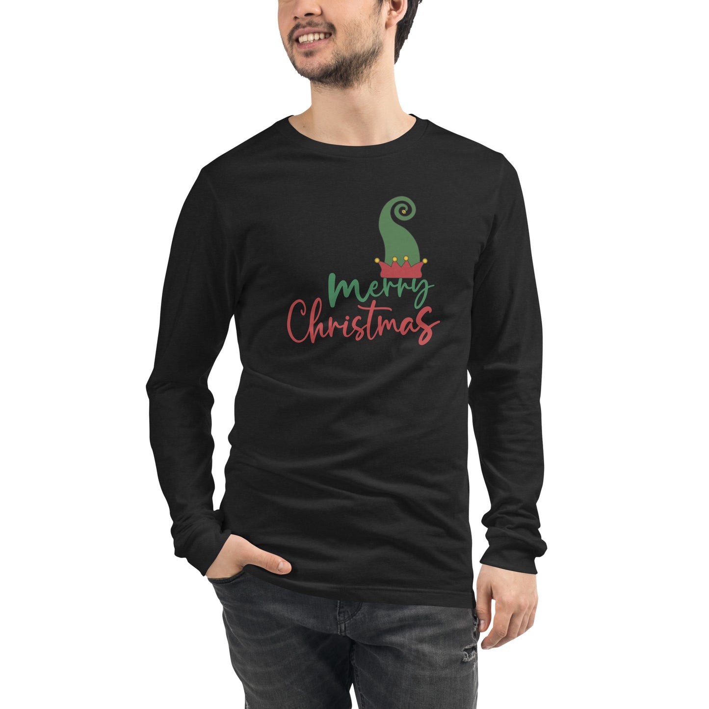 Image 15 of Navy Noelle Long Sleeve Shirt - Left Placement, size M, with Merry Christmas artwork visible in front view.