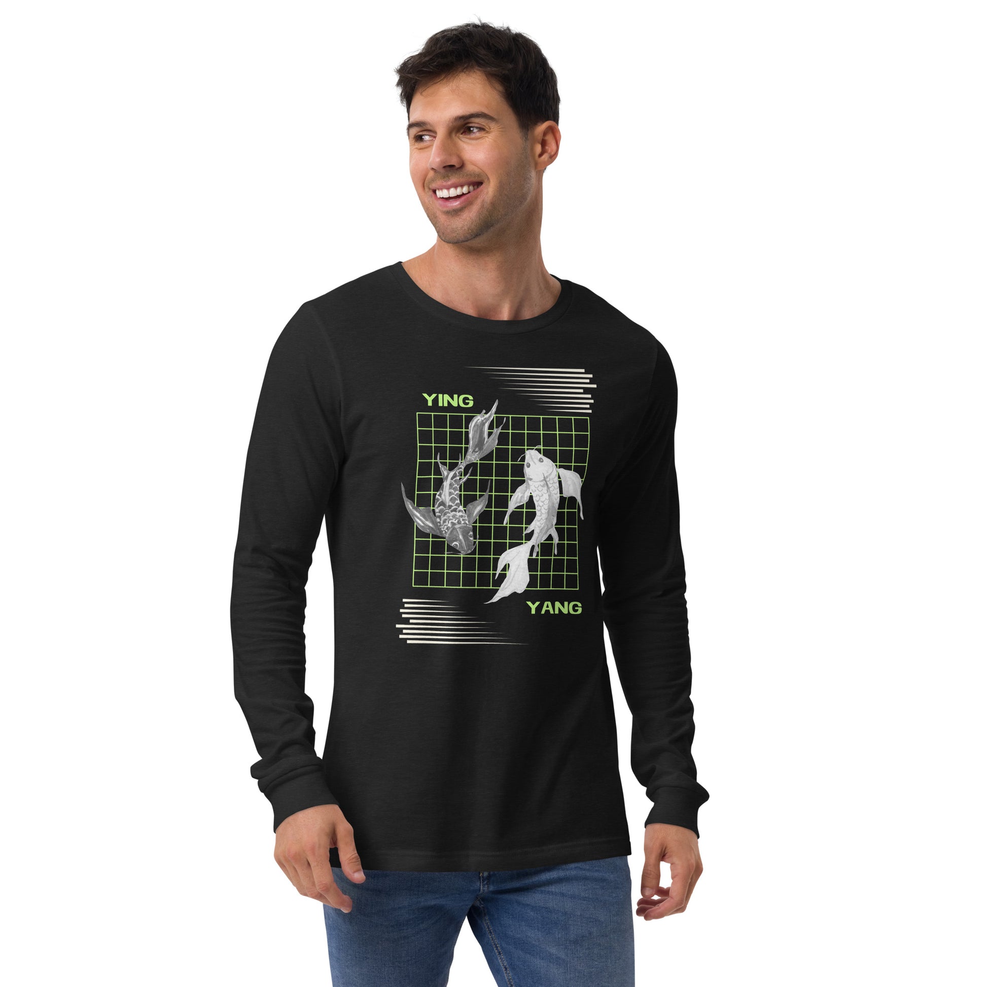 Equinoxe Long Sleeve Shirt image 2 in Black Heather, size M, showing front view for the Ying and Yang design.