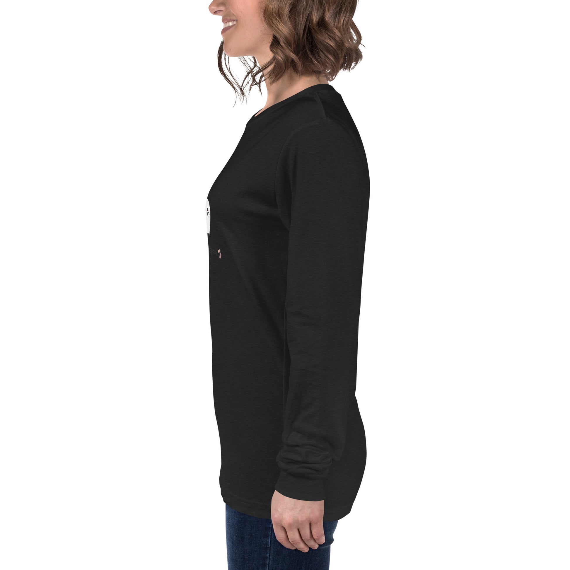 Image 57 of Military Green Cute Haunt Long Sleeve Shirt - Left Placement, size S, with Too Cute to Spook artwork visible in left-side angle.