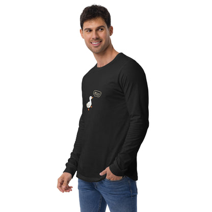 Image 2 of Black Heather Quacksy Long Sleeve Shirt, size M, with Hello Duck artwork visible in front view, left-side angle.