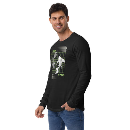 Equinoxe Long Sleeve Shirt by R.A. Apparel, image 1, front view, left-side angle, Black Heather, size S, design placement.