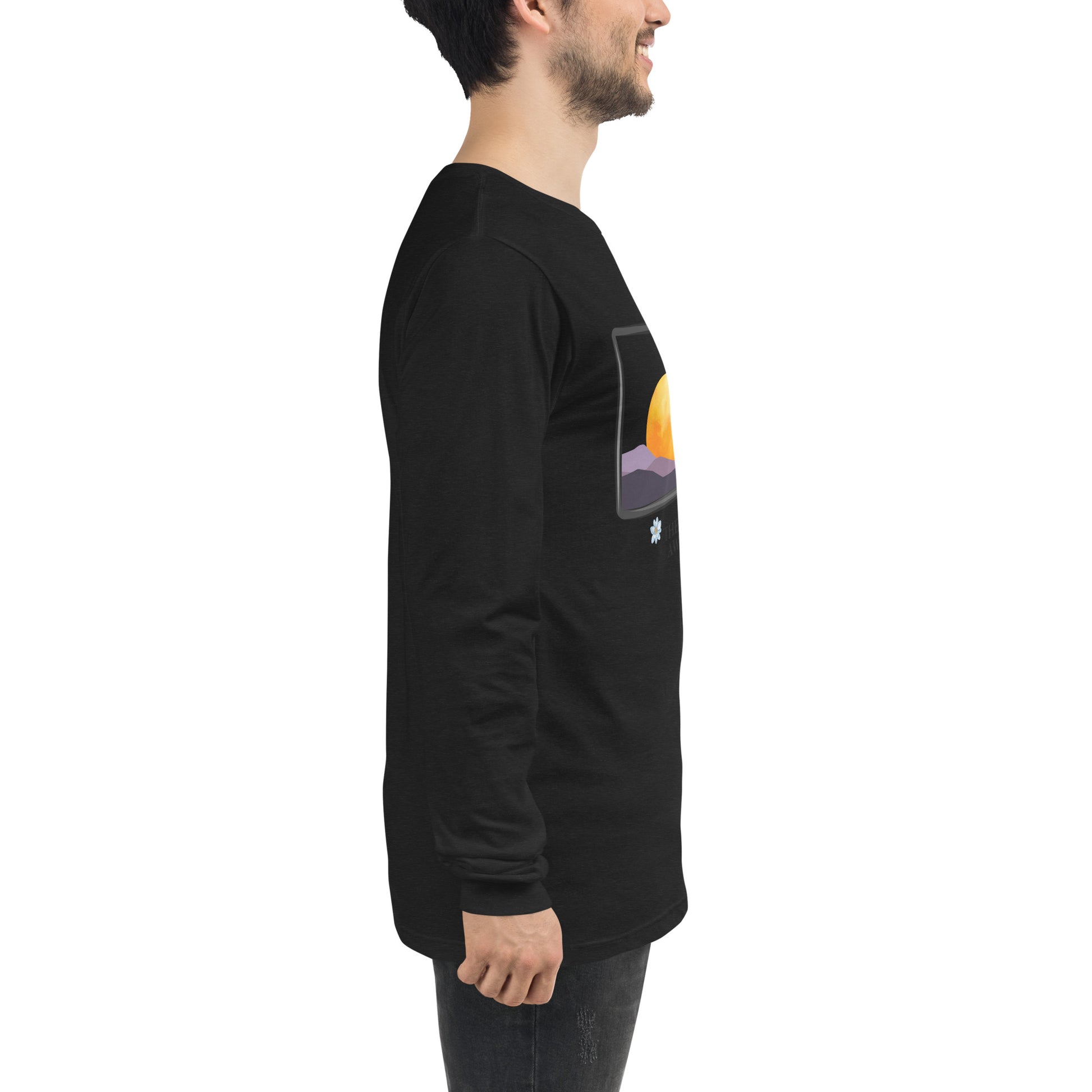 Avenor Long Sleeve Shirt by R.A. Apparel, image 4, right-side angle, Black Heather, size XL, design placement.