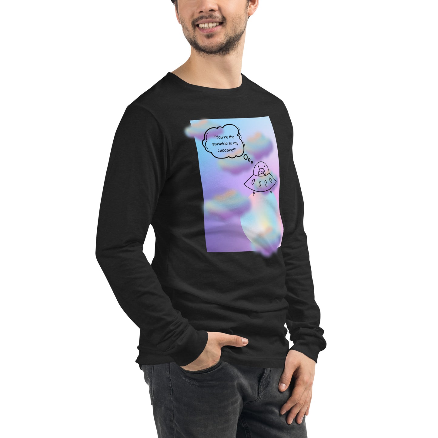 Sprinkle Theory Long Sleeve Shirt - Left Placement image 60 in Military Green, size XL, showing front view, right-side angle for the You're the Sprinkle to My Cupcake design.
