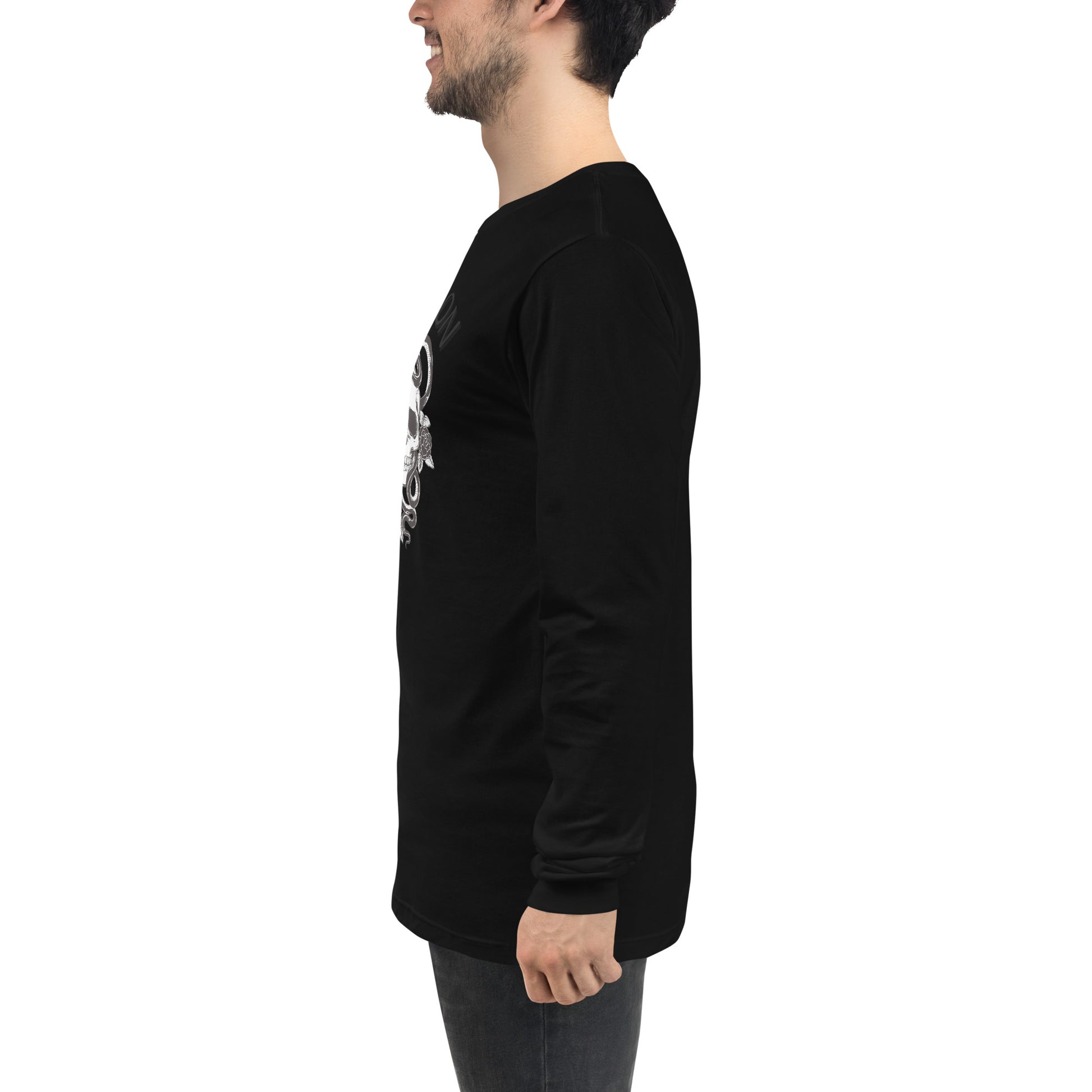 Image 9 of Black Evolution Long Sleeve Shirt - Left Placement, size L, with Evolution artwork visible in left-side angle.