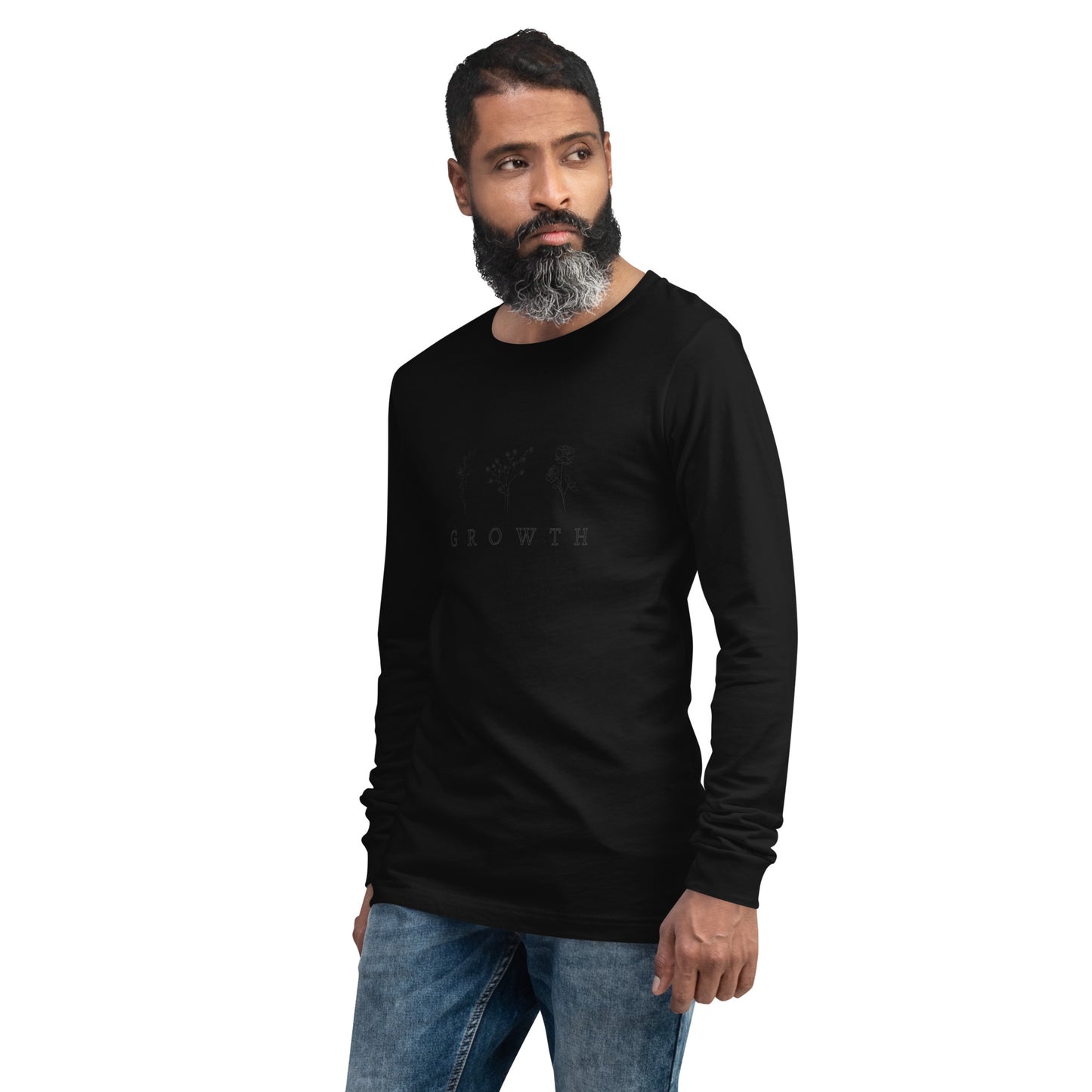 Growthline Long Sleeve Shirt - Left Placement image 7 in Black, size S, showing front view, left-side angle for the Growth design.
