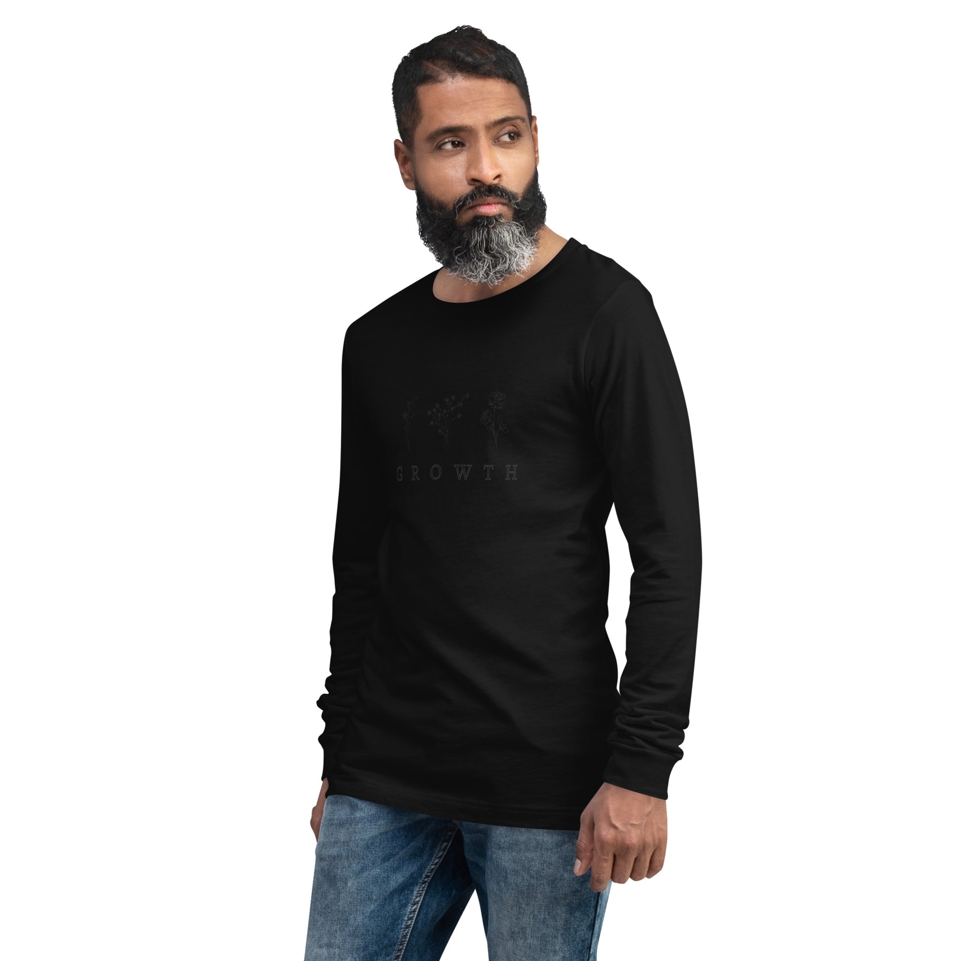 Growthline Long Sleeve Shirt - Left Placement image 7 in Black, size S, showing front view, left-side angle for the Growth design.