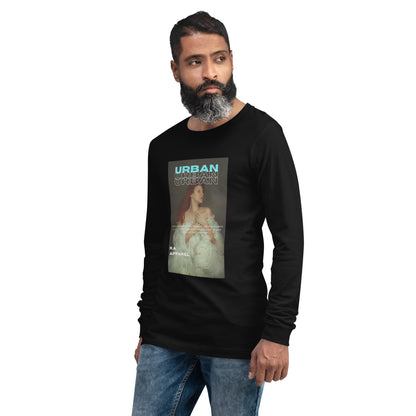 Image 4 of Black Heather Urban Long Sleeve Shirt - Left Placement, size L, with Urban artwork visible in front view, left-side angle.