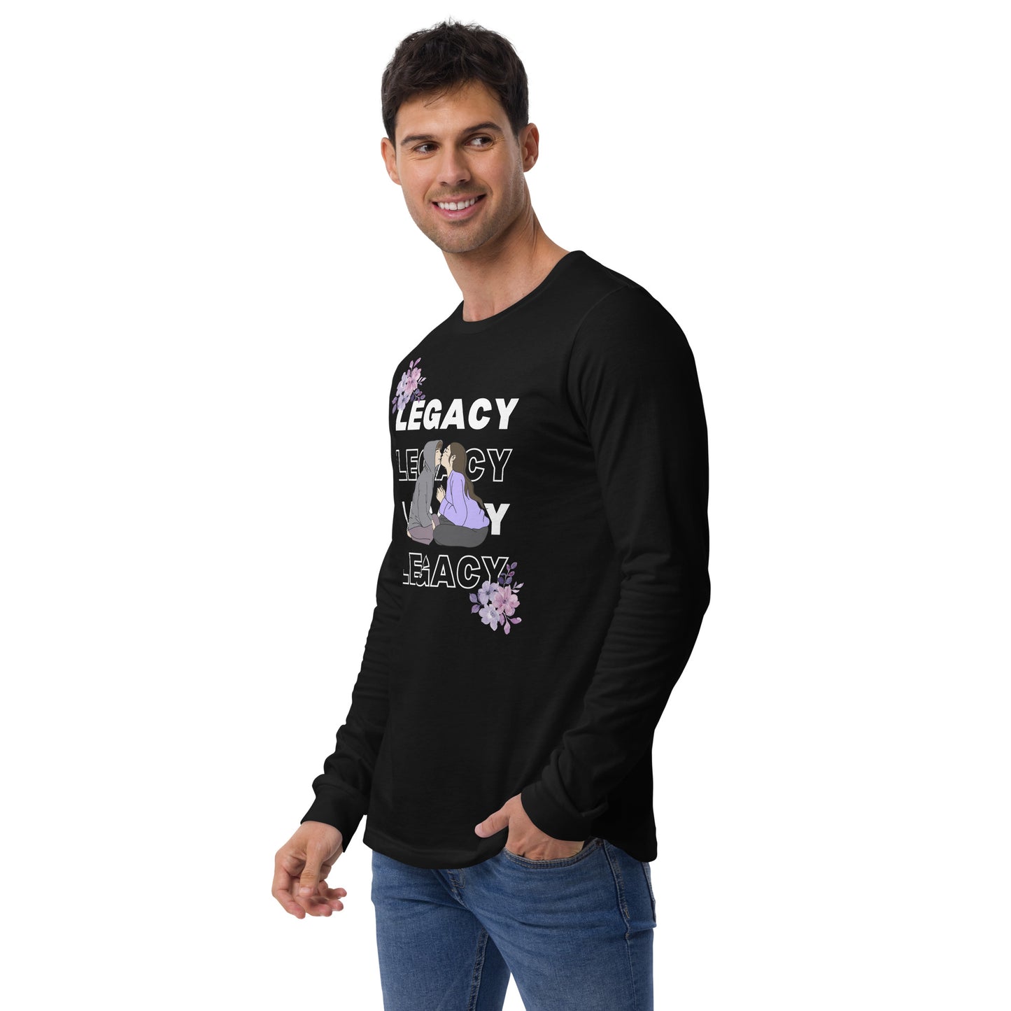 Heirloom Long Sleeve Shirt - Left Placement product image 4 in Black Heather, size L, with front view, left-side angle and left placement.