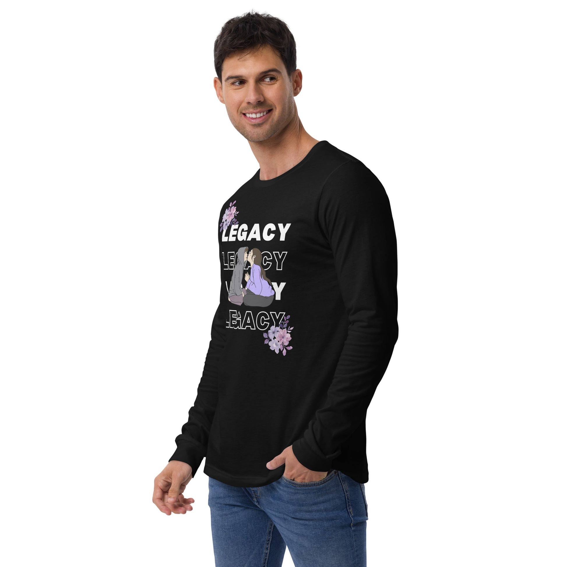 Heirloom Long Sleeve Shirt - Left Placement product image 4 in Black Heather, size L, with front view, left-side angle and left placement.