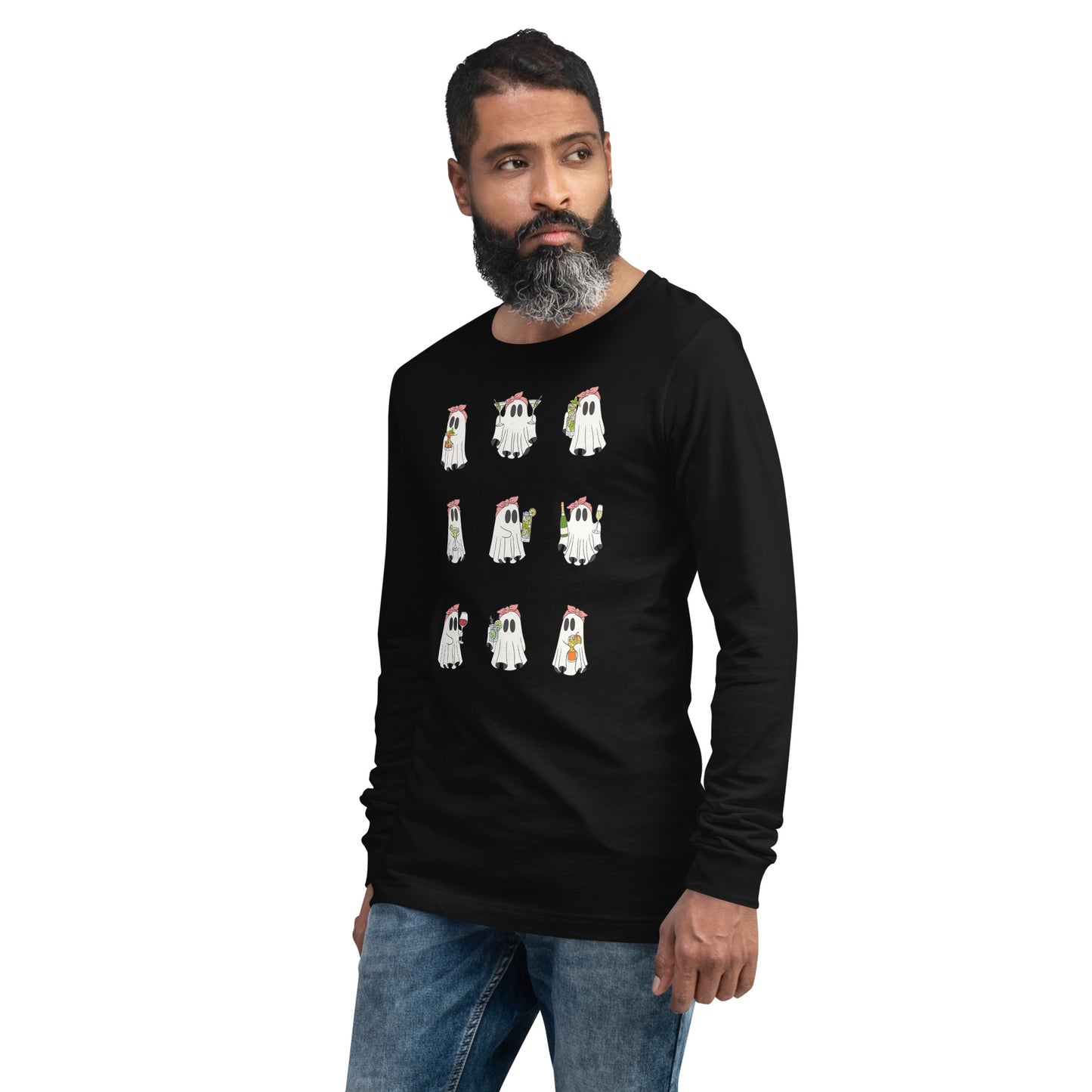 Little Haunts Long Sleeve Shirt - Left Placement image 7 in Black, size S, showing front view, left-side angle for the Ghosties 1 design.