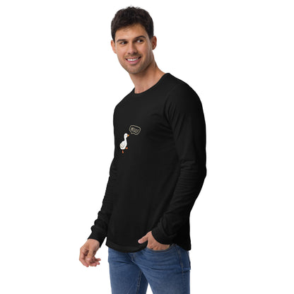 Quacksy Long Sleeve Shirt product image 4 in Black Heather, size XL, with front view, left-side angle and design placement.