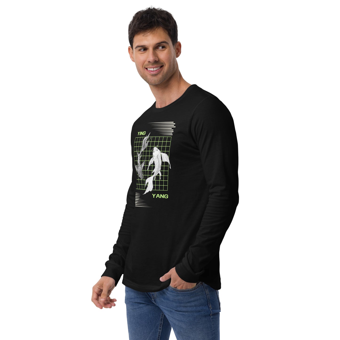 Equinoxe Long Sleeve Shirt image 4 in Black Heather, size XL, showing front view, left-side angle for the Ying and Yang design.