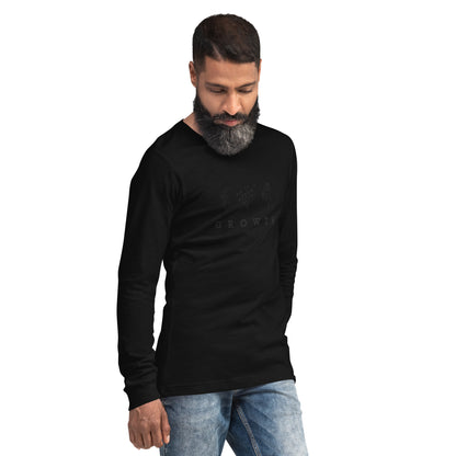 Image 8 of Black Growthline Long Sleeve Shirt - Left Placement, size M, with Growth artwork visible in front view, right-side angle.
