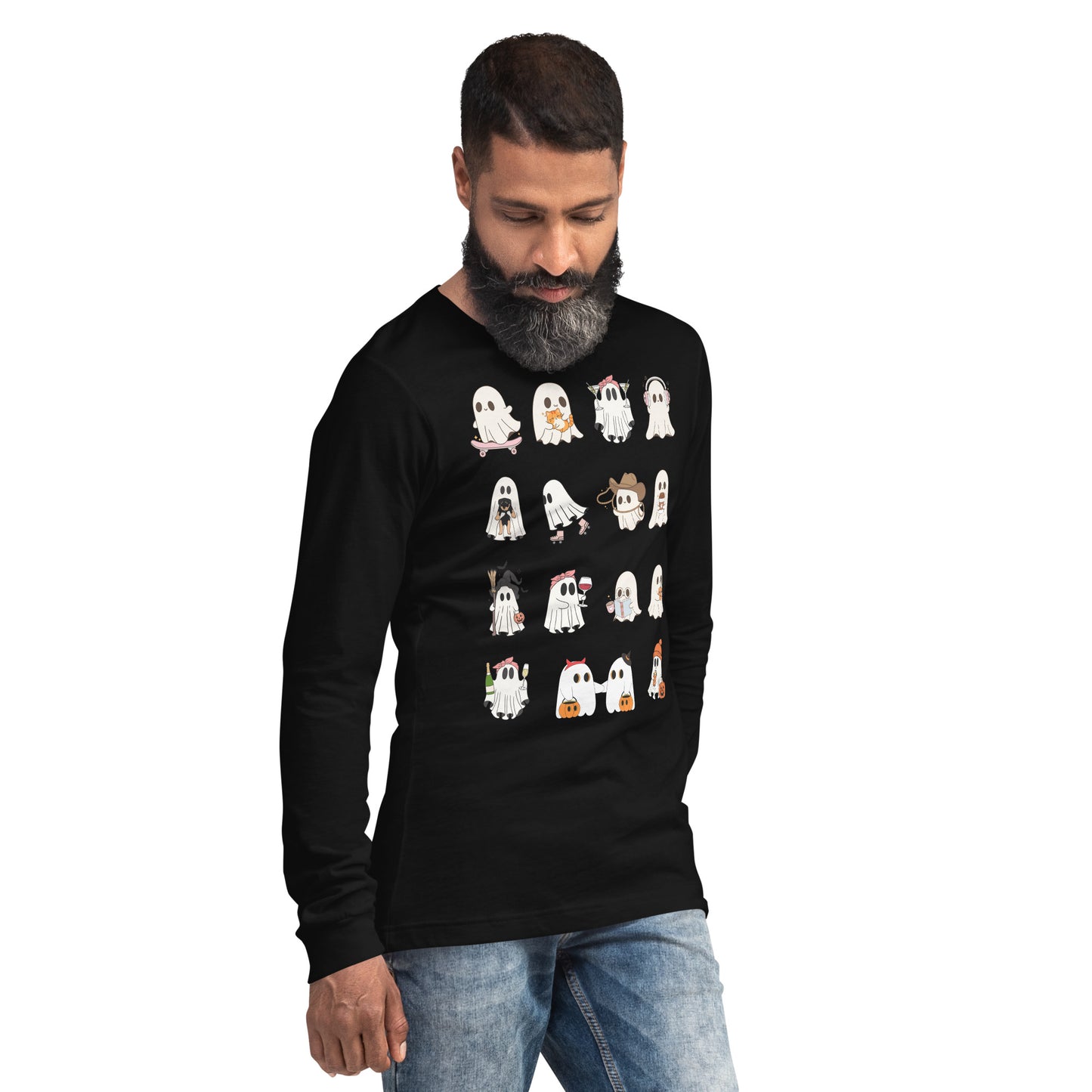 Image 8 of Black Spectral Long Sleeve Shirt - Left Placement, size M, with Ghosts artwork visible in front view, right-side angle.