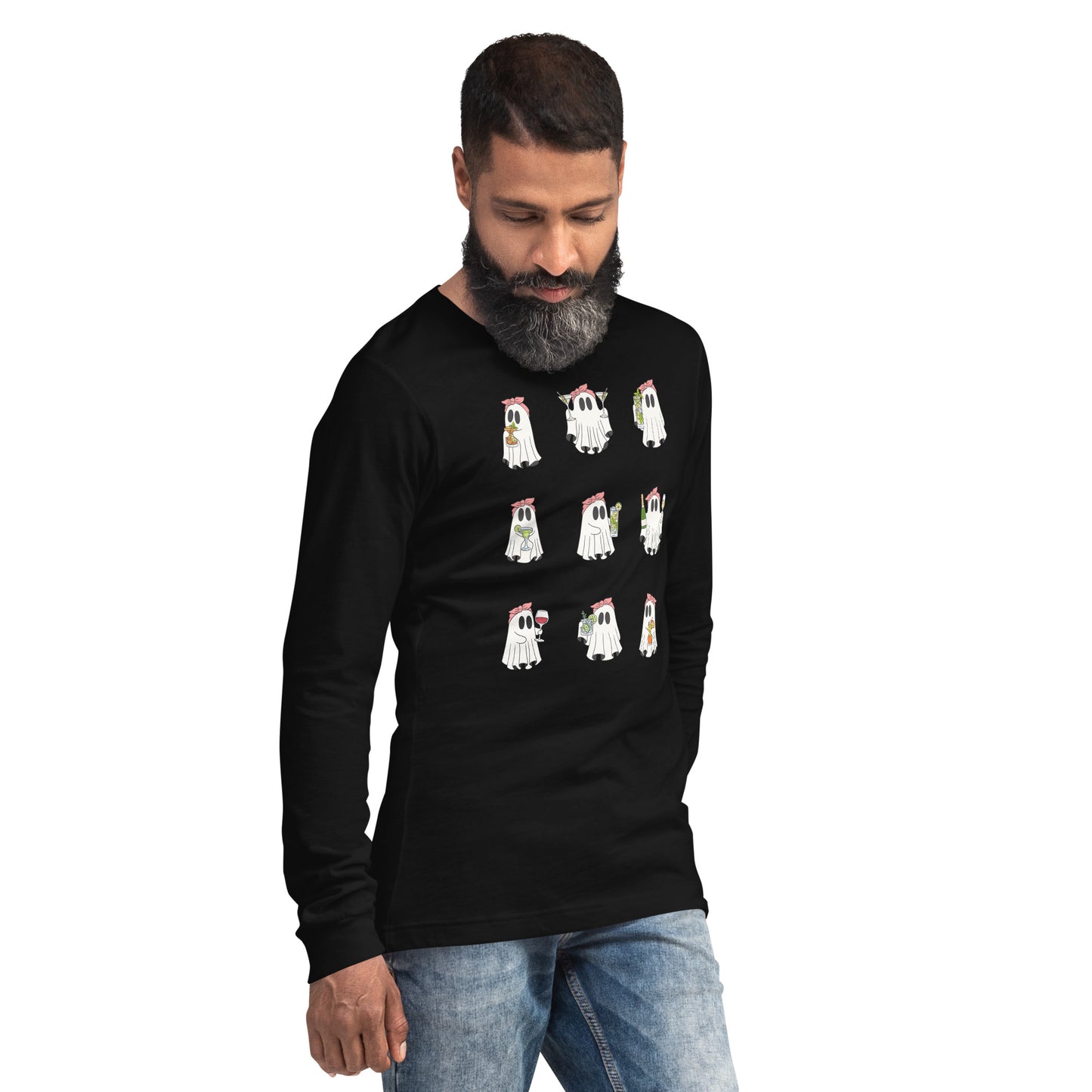Little Haunts Long Sleeve Shirt - Left Placement image 8: Black version, size M with front view, right-side angle of the Ghosties 1 range.