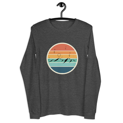 Image 13 of Navy Summitline Long Sleeve Shirt - Left Placement, size XS, with Mountain Range artwork visible in front view.
