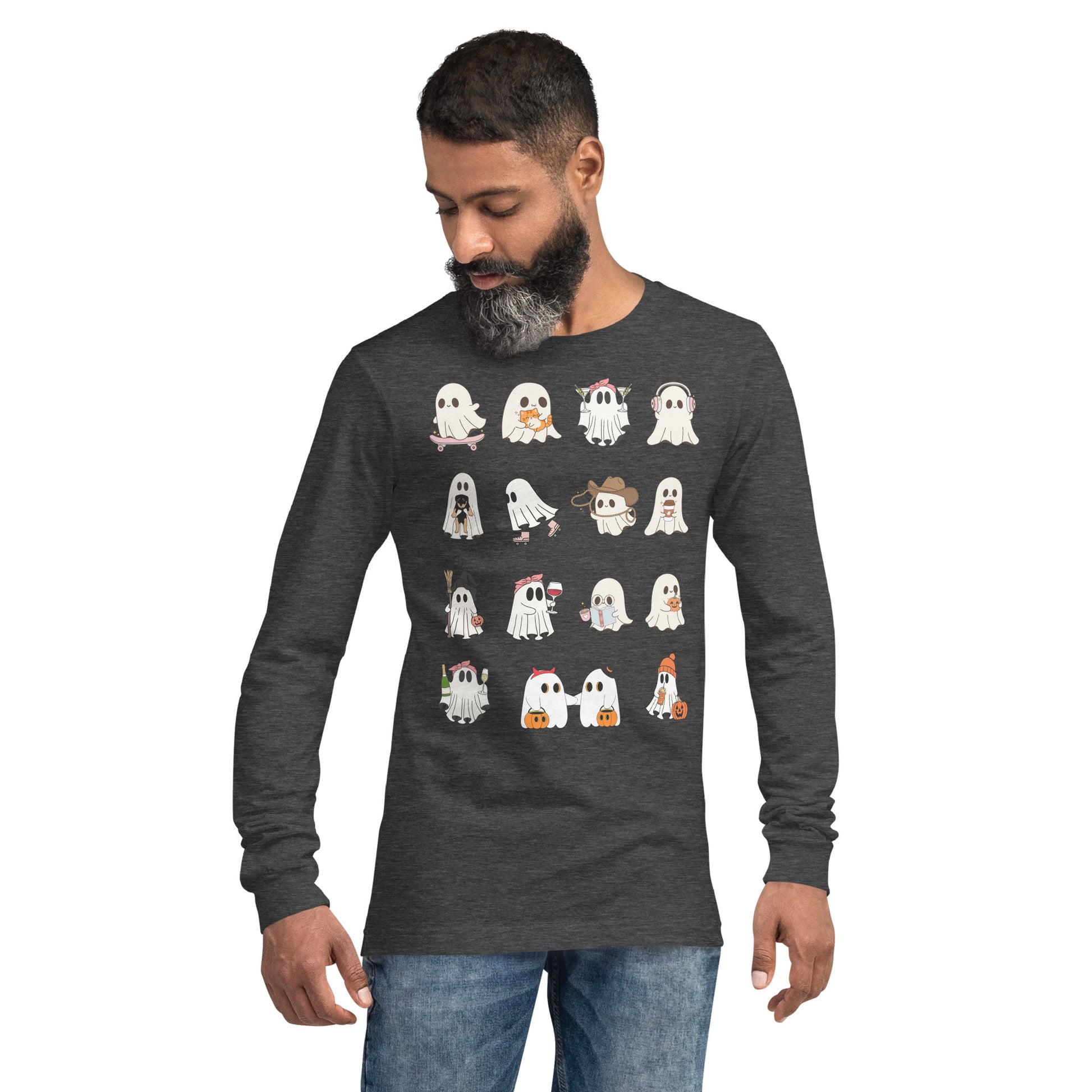 Spectral Long Sleeve Shirt - Left Placement image 29 in Heather Forest, size L, showing front view for the Ghosts design.