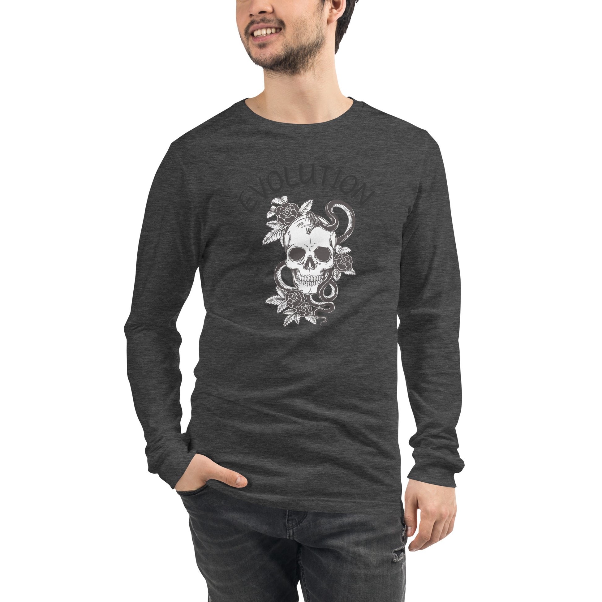 Evolution Long Sleeve Shirt - Left Placement image 43 in Heather Deep Teal, size M, showing front view for the Evolution design.