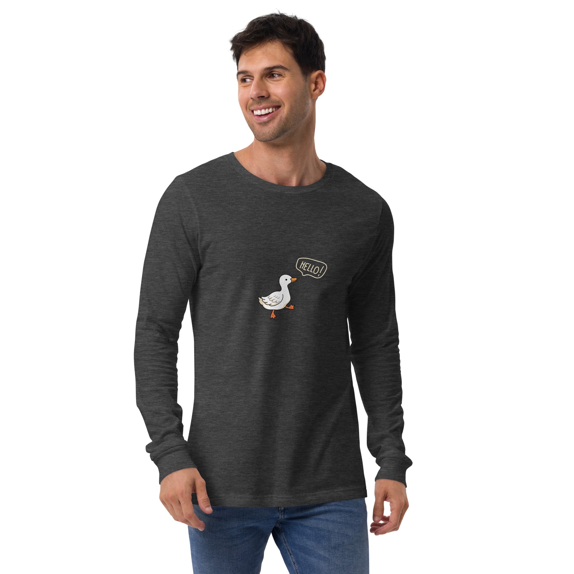Quacksy Long Sleeve Shirt by R.A. Apparel, image 13, front view, Navy, size L, design placement.