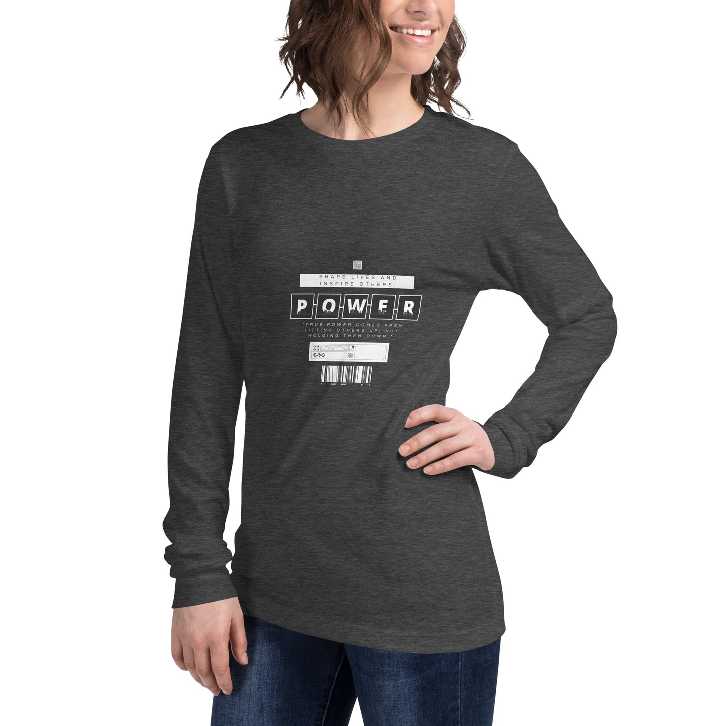 Image 14 of Navy Impact Form Long Sleeve Shirt - Left Placement, size S, with Shape Lives artwork visible in front view, left-side angle.