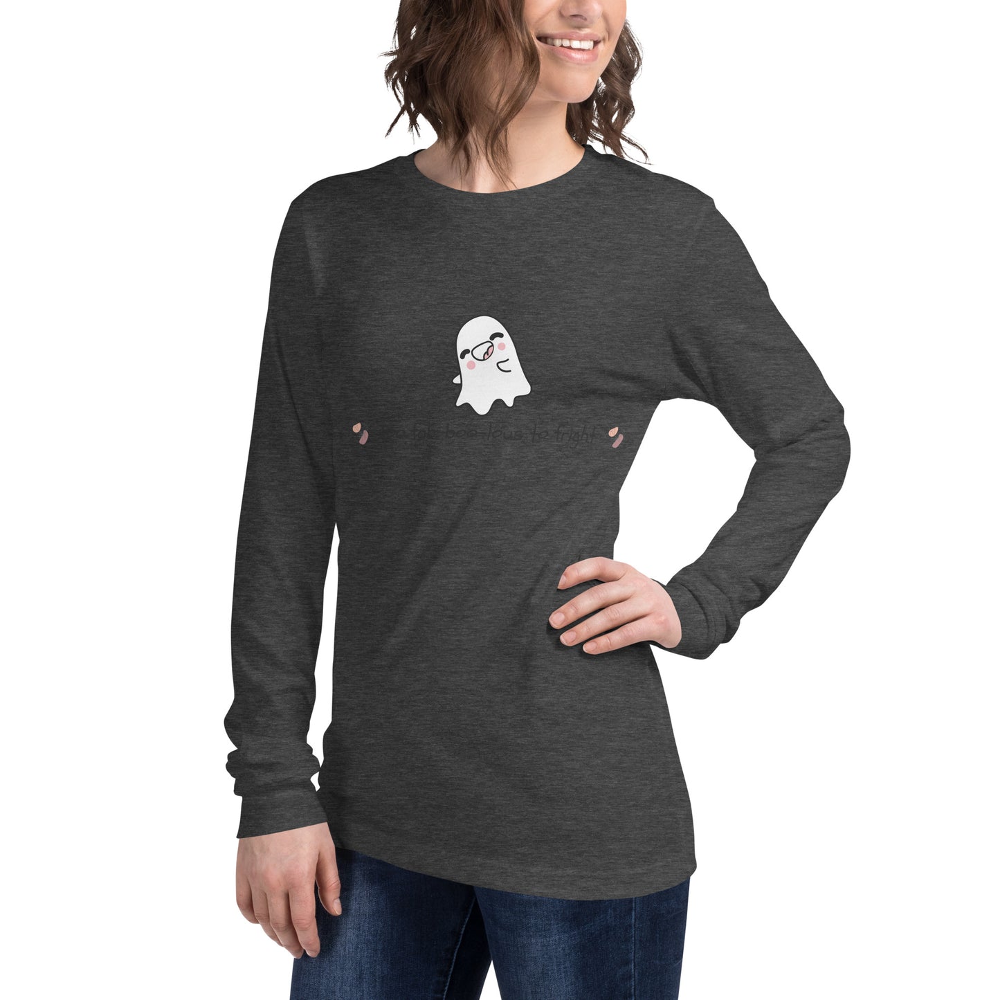 Boo Luxe Long Sleeve Shirt - Left Placement by R.A. Apparel, image 23, front view, left-side angle, Dark Grey Heather, size XL, left placement.