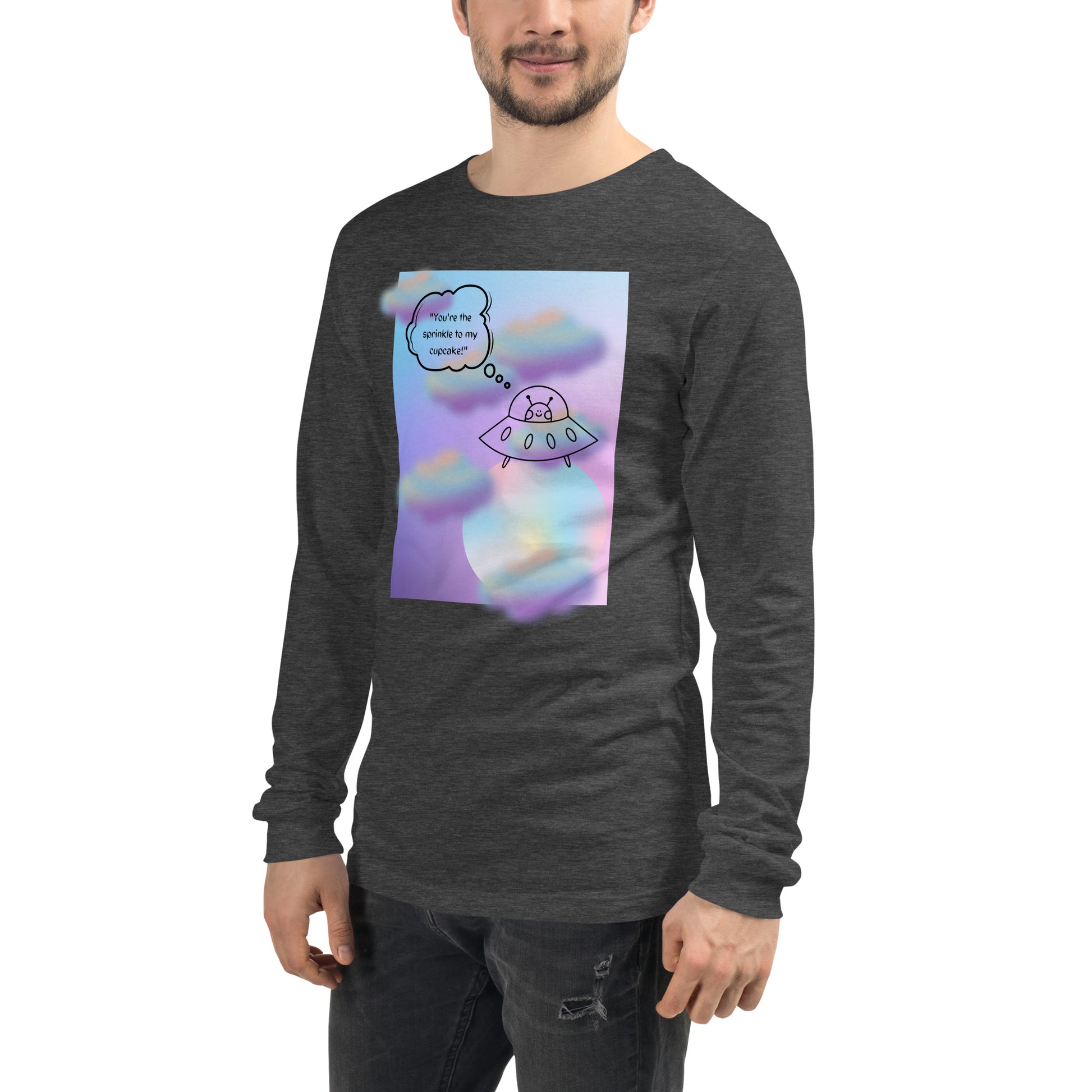 Image 47 of Heather Deep Teal Sprinkle Theory Long Sleeve Shirt - Left Placement, size S, with You're the Sprinkle to My Cupcake artwork visible in front view, left-side angle.