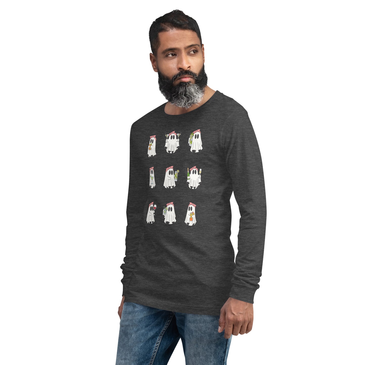 Image 31 of Dark Grey Heather Little Haunts Long Sleeve Shirt - Left Placement, size XS, with Ghosties 1 artwork visible in front view, left-side angle.