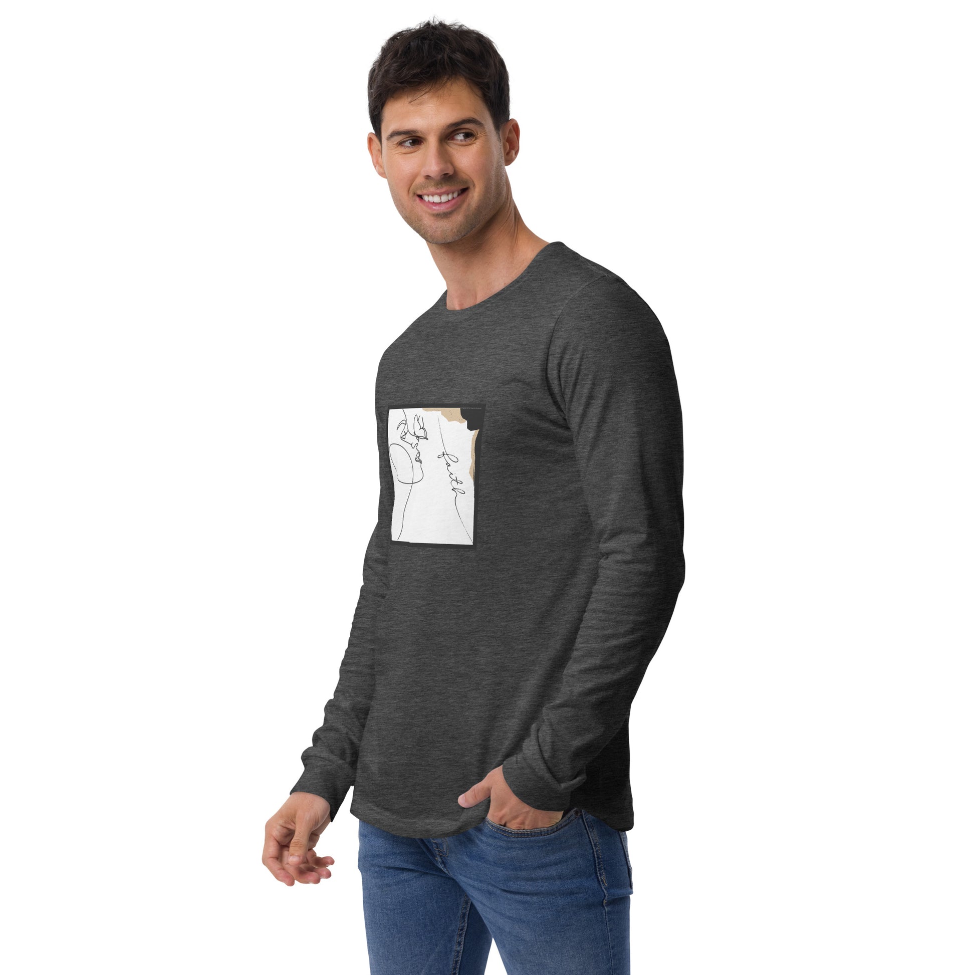 Image 14 of Navy Faithline Long Sleeve Shirt - Left Placement, size L, with Faith artwork visible in front view, left-side angle.