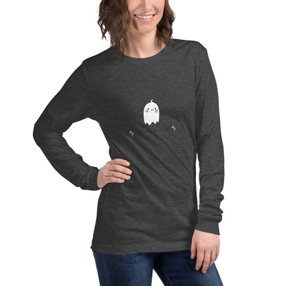 Cute Haunt Long Sleeve Shirt - Left Placement image 48: Heather Deep Teal version, size M with front view, right-side angle of the Too Cute to Spook range.