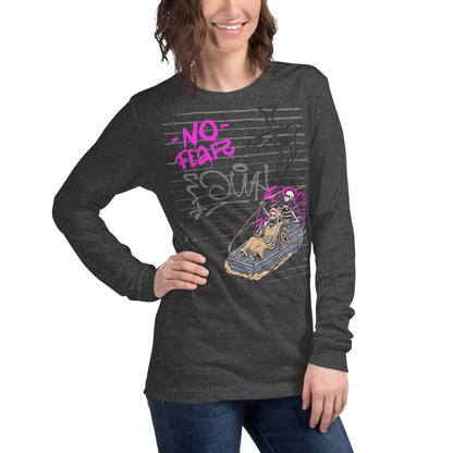 Image 28 of Red Fearless Long Sleeve Shirt - Left Placement, size L, with No Fear artwork visible in front view, right-side angle.